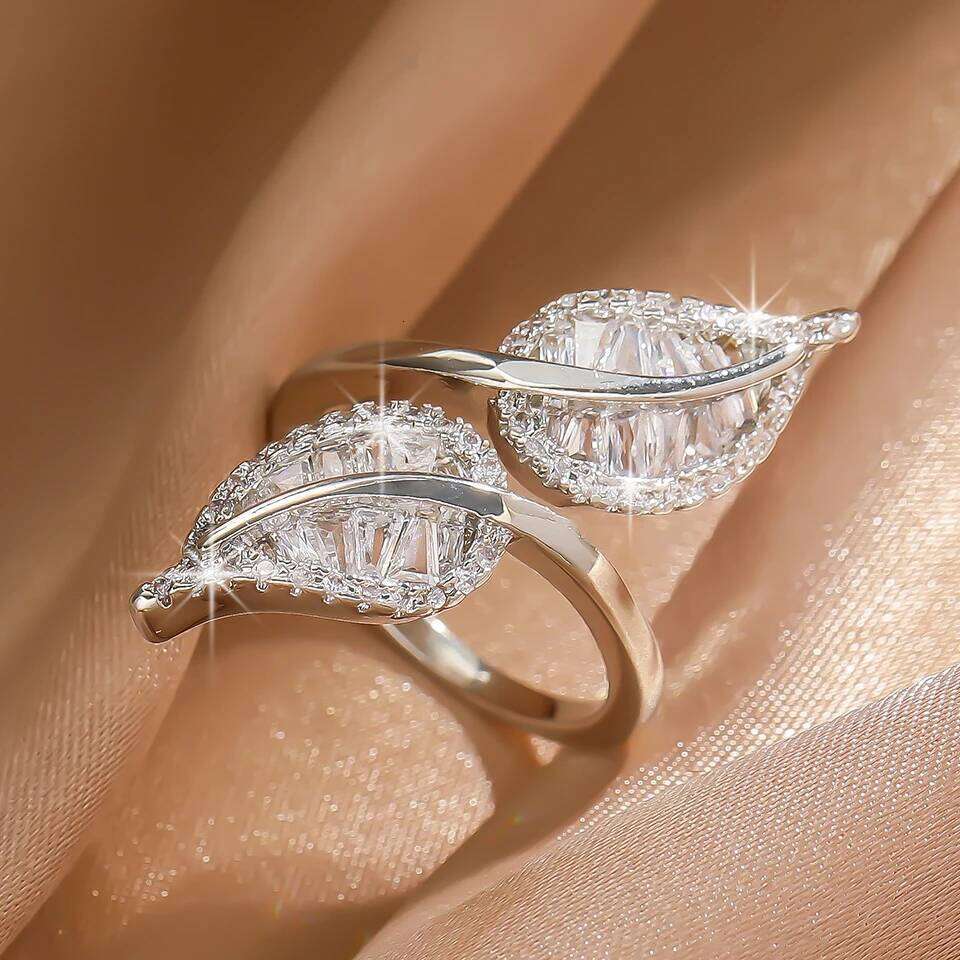 ZAKOL Luxury Leaf Adjustable Opening Rings for Women Silver Color Bridal Wedding Crystal Cubic Zirconia Fashion Jewelry