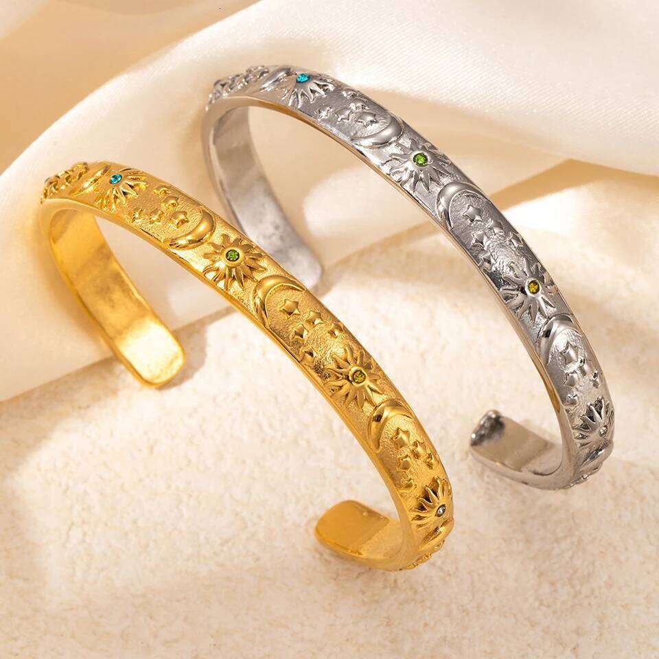 ZAKOL Stainless Steel Moon Star Sun Bangle Bracelet Gold Sliver Open Wrist Vintage Fashion Party Jewelry Gift for Women
