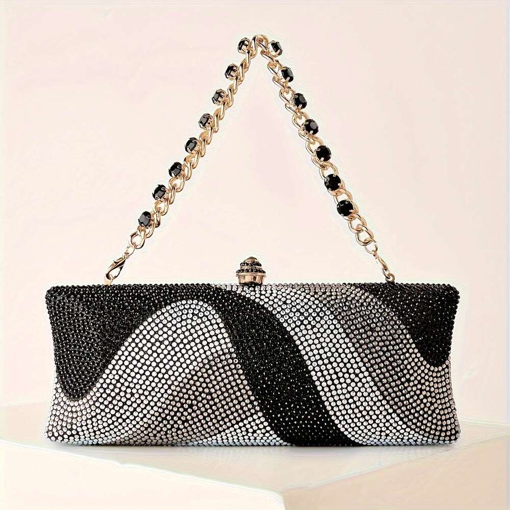 JINXIANGGUO Petite Sparkling Clutch Rhinestone Print Detachable Wrist Strap Long Chain Evening