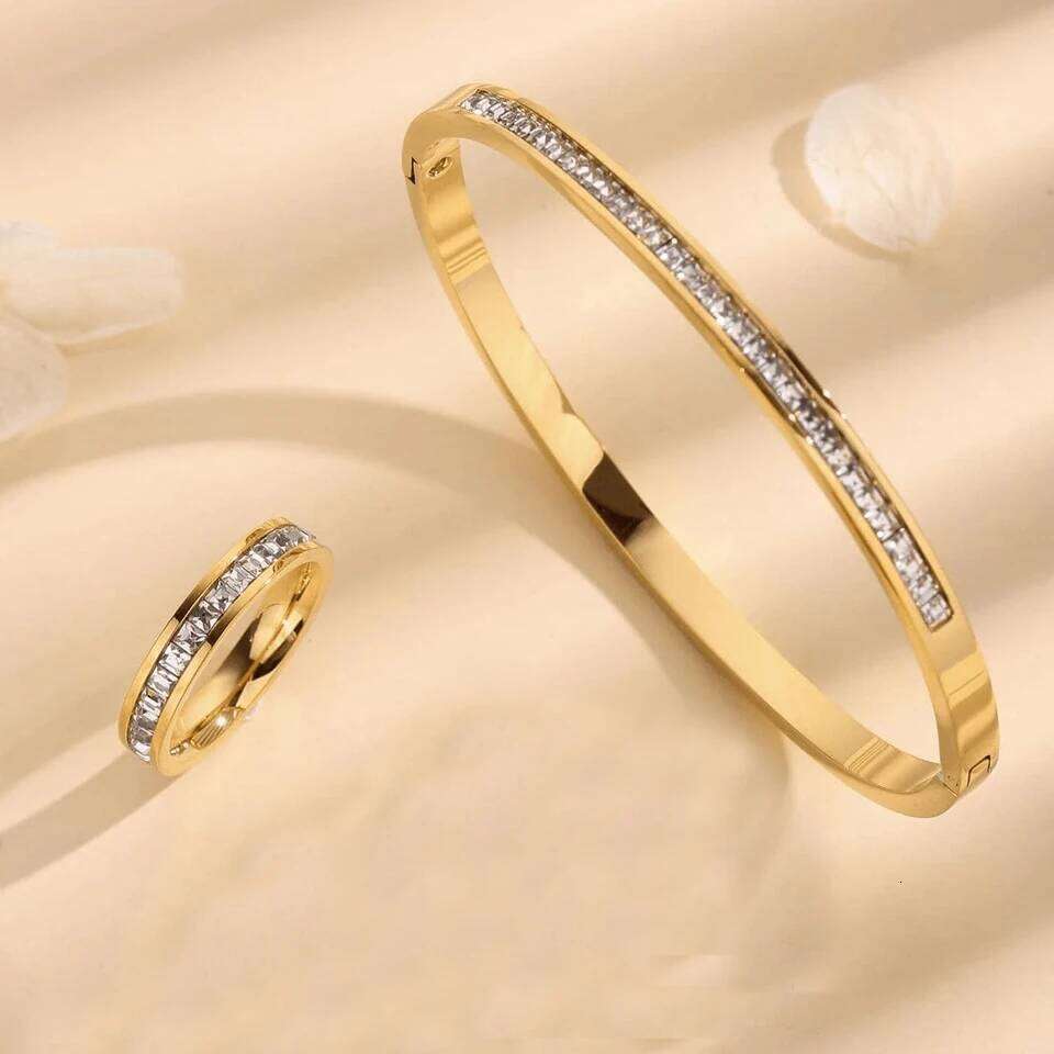 ZAKOL Simple Shiny Zircon Inlaid Stainless Steel Bracelet Ring Set for Women Exquisite Daily Vacation Jewelry