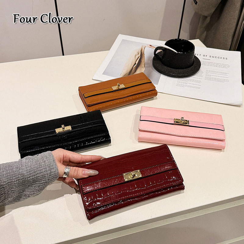 Niche high-end long wallet for women, vintage multi-card slot money clip, large-capacity multifunctional phone wallet, casual glossy money bag, luxuri