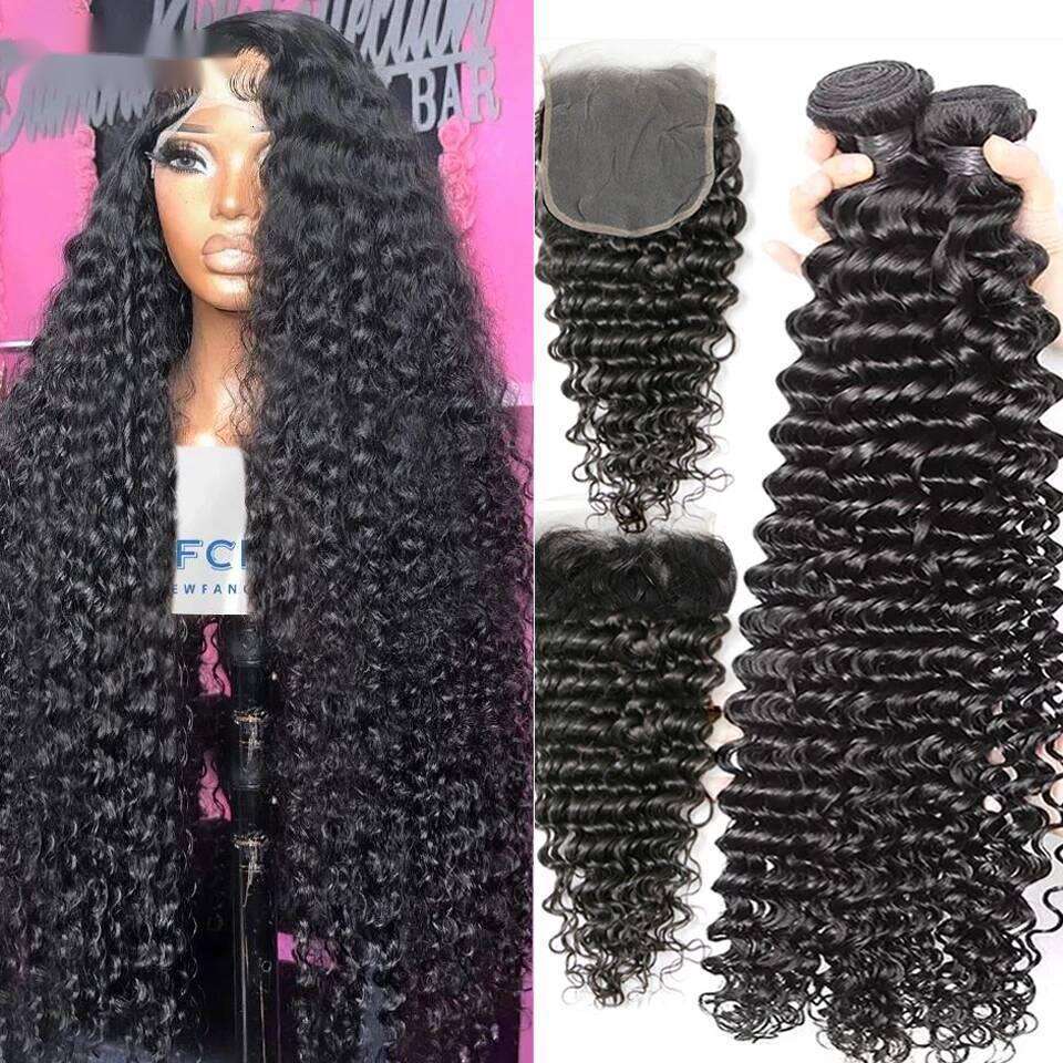 32 40 Deep Curly Wave Human Hair Bundles Frontal 5X5 6X6 HD Lace Closure With Bundle