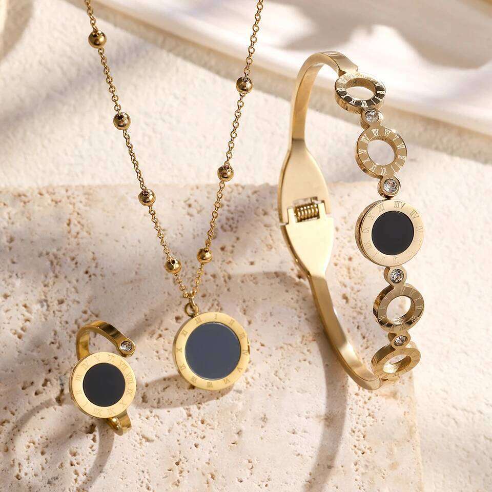 ZAKOL 3Pcs Fashion Roman Numerals Bracelet Ring Necklace Sets for Women Black Shell Hollow Circle Inlaid Zircon Jewelry Gift