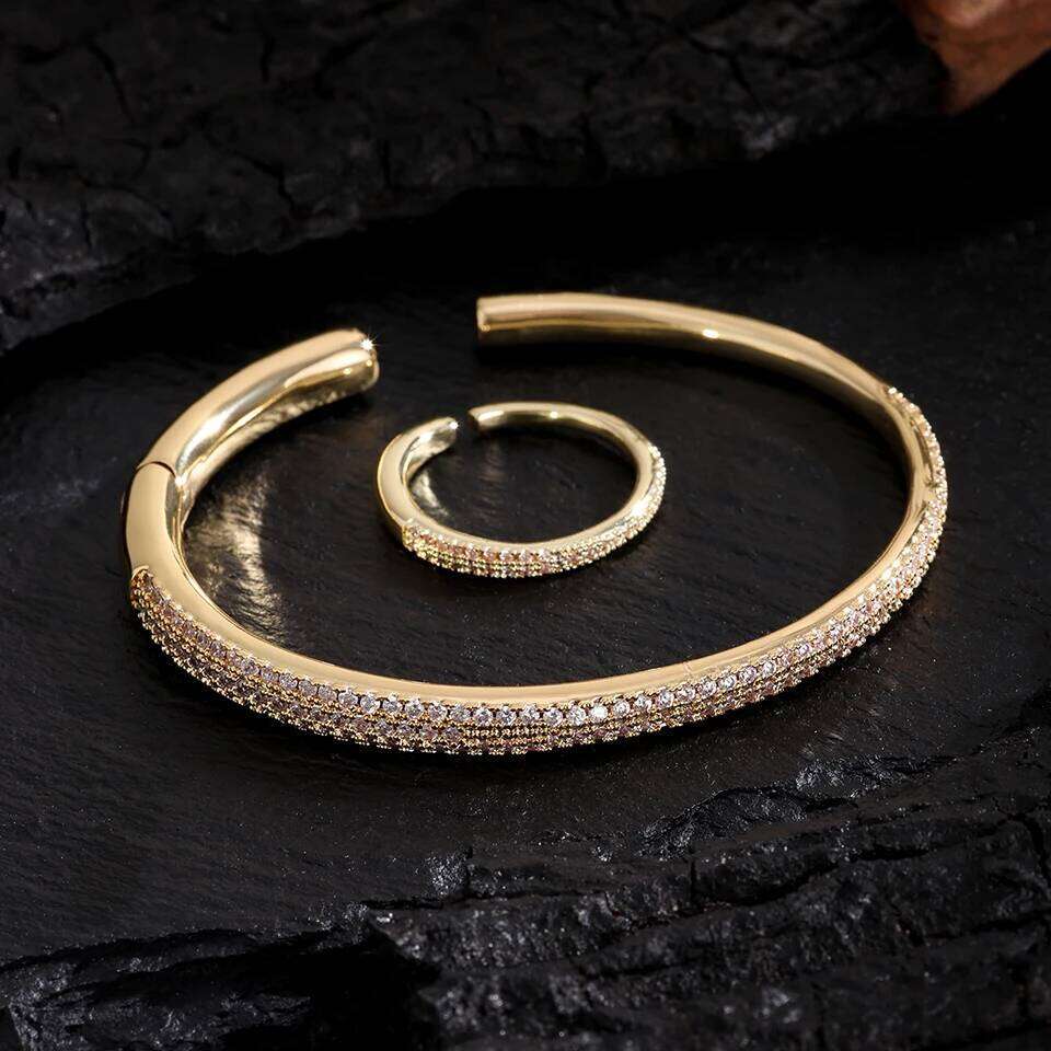 ZAKOL Buling Micro Zircon Inlaid Half Circle Open Ring And Bracelet Set Luxury Exquisite Versatile Bridal Wedding Party Jewelry