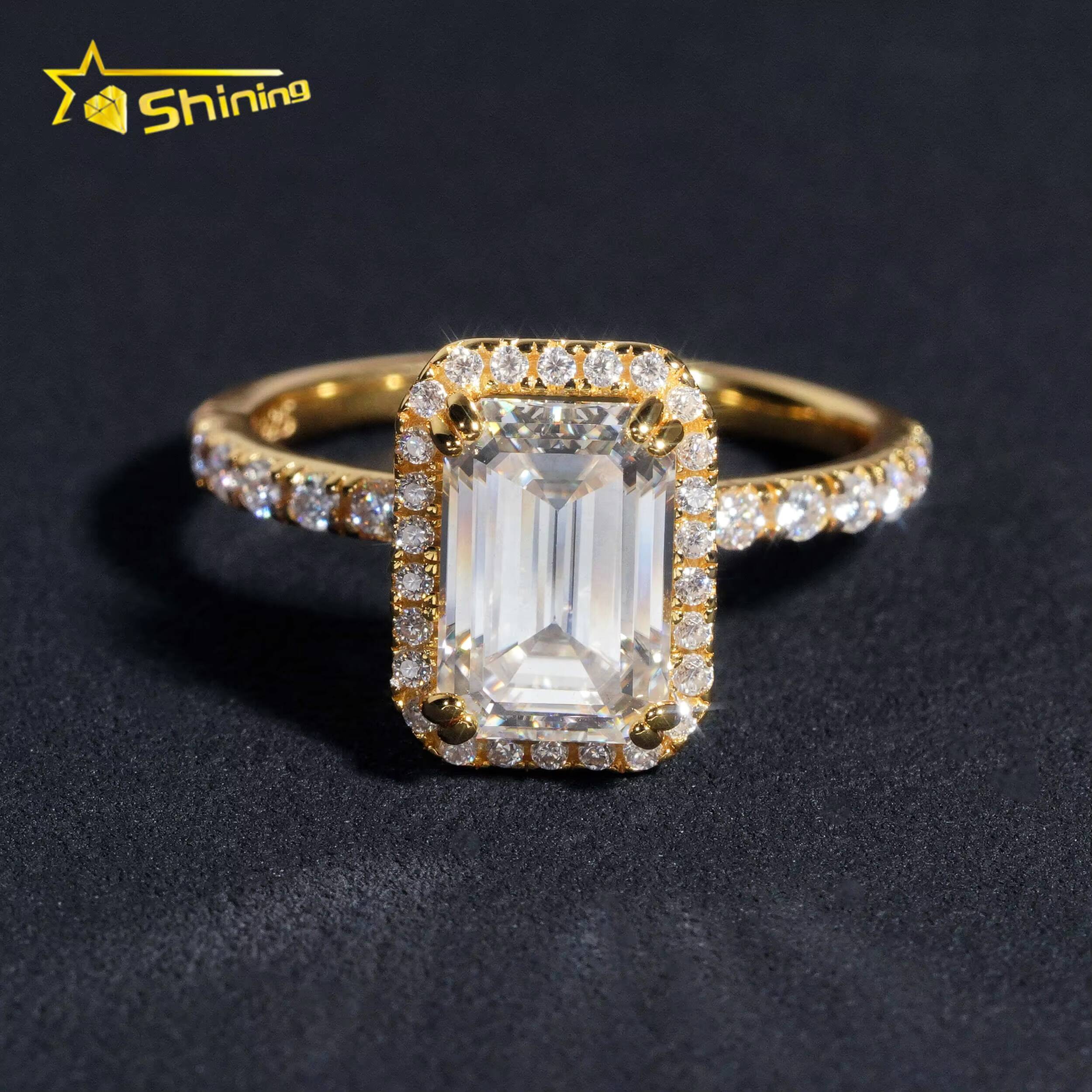 Wholesale Classic Gold Plated Vvs Moissanite Diamond 925 Silver Emerald Cut Halo Women Engagement Wedding Rings