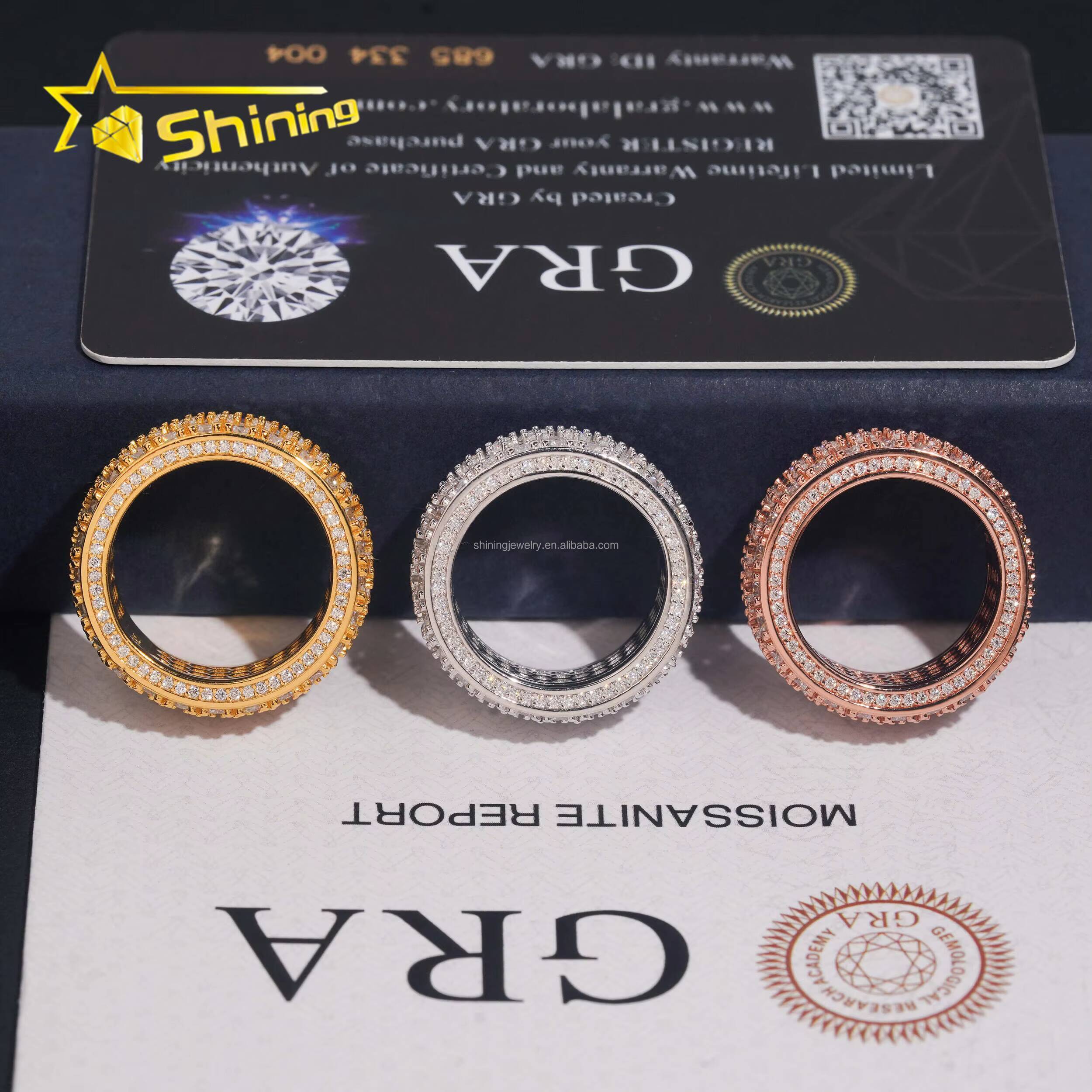 New Arrivals Bulk Stock 3Rows Stone Iced Out Jewelry Engagement Rings 925 Silver Jewelry Moissanite Diamond Eternity Band Ring