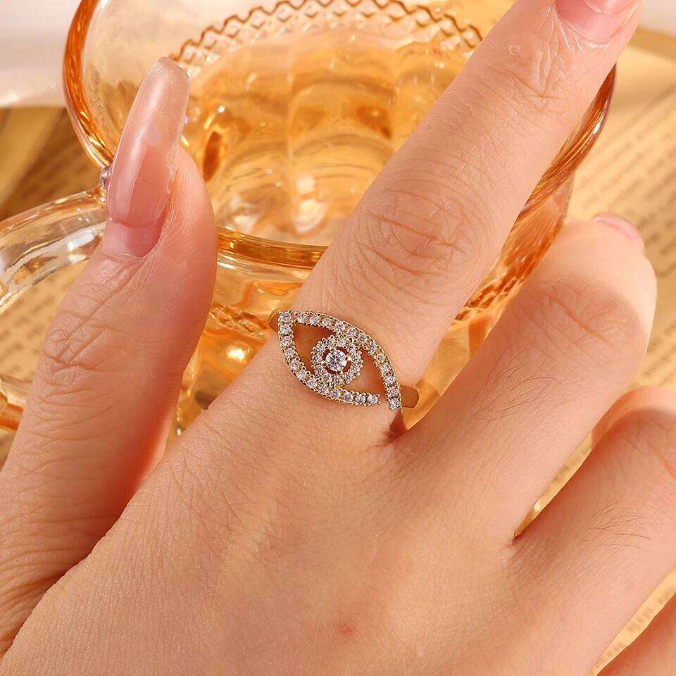 ZAKOL Fashion Turkey Evil Eye Zircon Inlaid Adjustable Open Rings Sliver Gold Color Aesthetic Ring Party Jewelry Anillos Mujer
