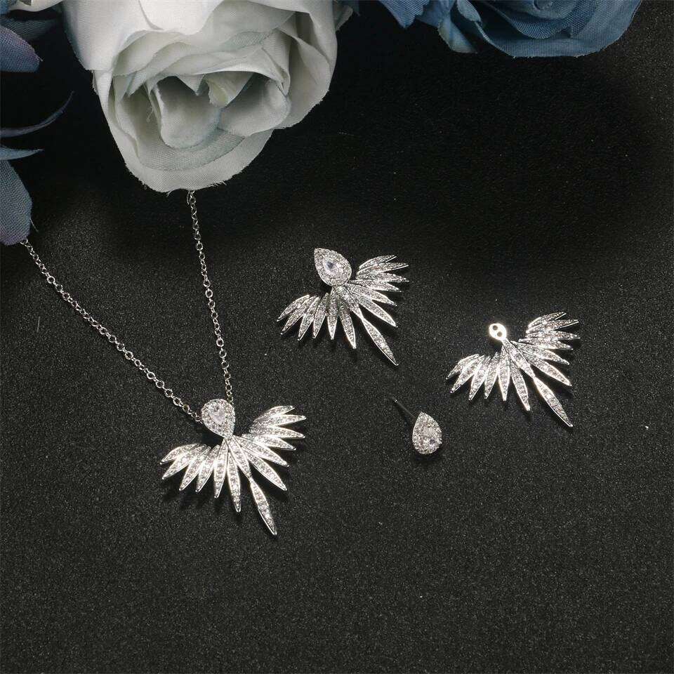 ZAKOL Vintage Full Micro-intact Zircon Feather Wing-shaped Earring Necklaces for Women Ins Trendy Aesthetic Bridal Accessories