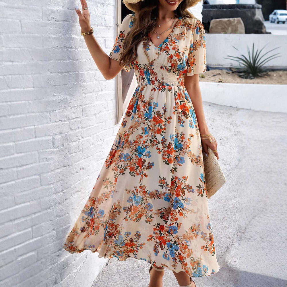 Dress for women Elegant Printed Waist-Cinching Short Sleeve Chiffon Dress, 2026 Spring Summer New European and American Vacation Outfit