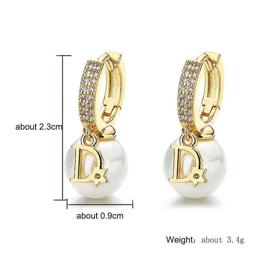 ZAKOL Korean Fashion Pearl Drop Earrings for Women Luxury Elegant Shiny Zircon D-letter Charm Hoop Earring Wedding Jewelry