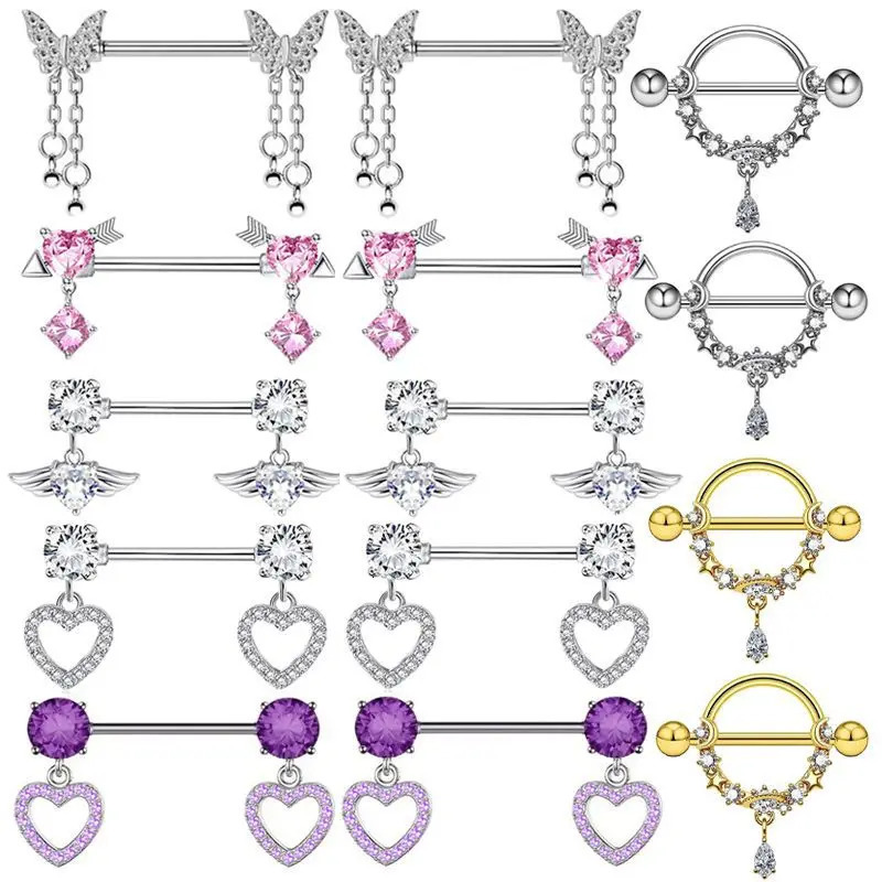 1Pair Stainless Steel Pink Nipple Piercing Jewelry Heart Wings Niplple Barbell Moon Devil Nipple Rings Body Piercing Pezon Mujer 251224