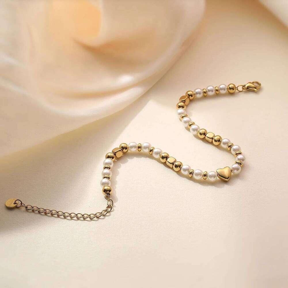 NEWBUY 2025 Trendy Gold Color Non-Fading Stainless Steel Beads Pearl Heart Bracelet For Women Daily Jewelry Accessories 25H1229
