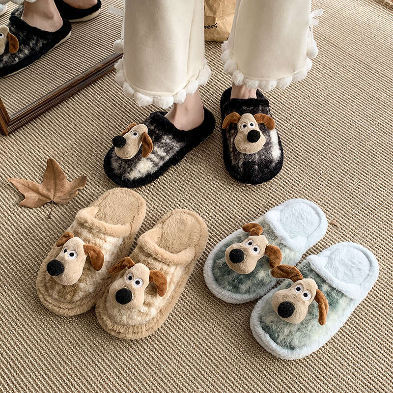 2026 Winter New Brown Cute Cartoon Dog Furry Slippers Women Warm Non-Slip Home Cotton Slippers Suitable for Outdoor Wear