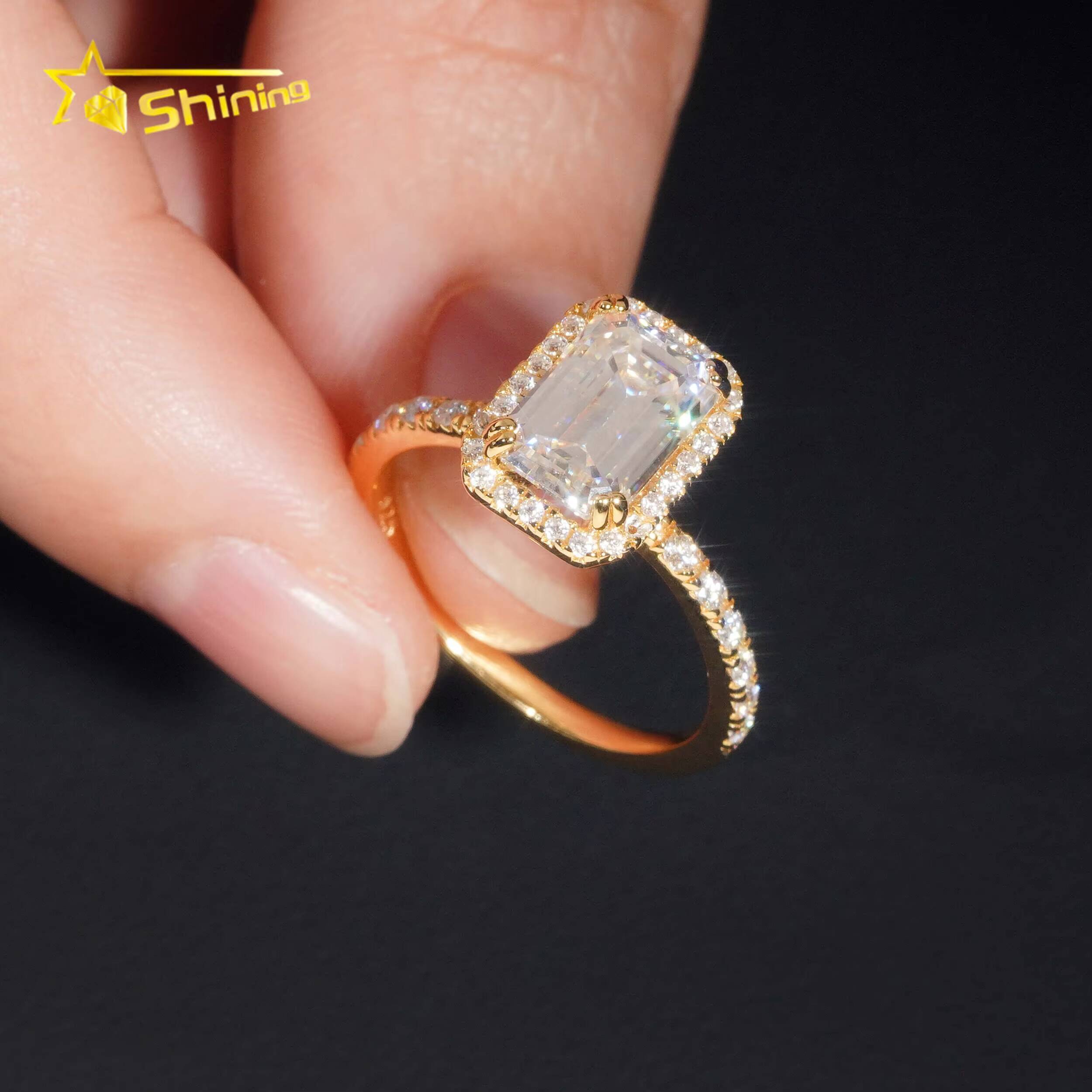 Wholesale Classic Gold Plated Vvs Moissanite Diamond 925 Silver Emerald Cut Halo Women Engagement Wedding Rings