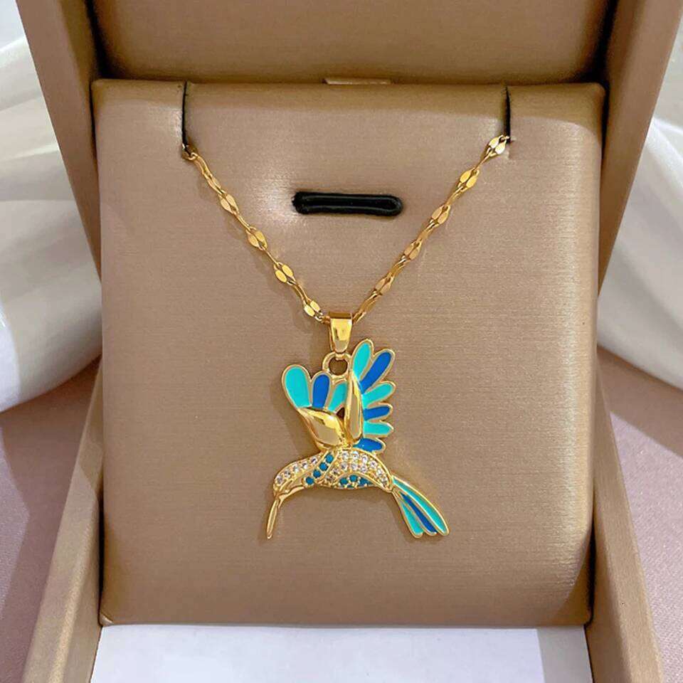 ZAKOL Cute Inlaid CZ Blue Woodpecker Necklace Titanium Stainless Steel Gold Color Chain Animal Pendant Choker Accessories