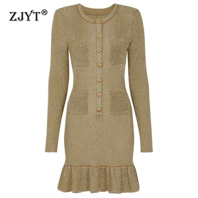ZJYT 2026 Spring Long Sleeve Knitted Sweater Dresses Bright Silk O Neck Ruffles Hem Mini Party Dress Female Clothes Vestidos 251219