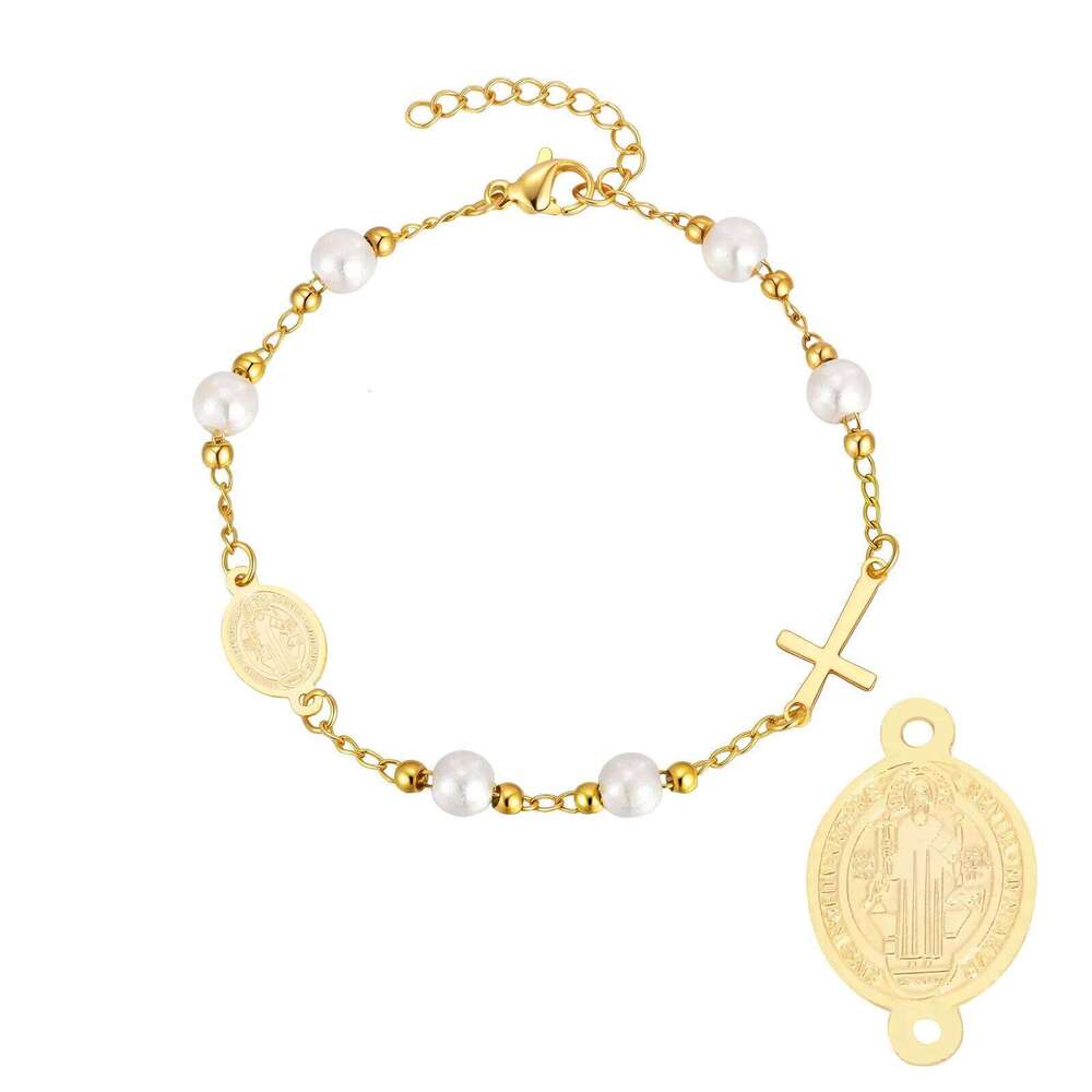 Holy Stainless Steel Cross Benedict Virgin Bracelet,Women's Gold Plated Beaded Chain Bracelets,Trendy Jewelry Gifts 25H1229