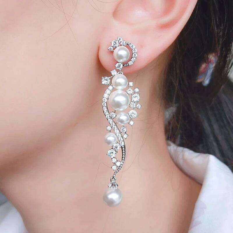 ZAKOL Luxury Shiny AAA Cubic Zirconia Hanging Earrings for Women Imitation Pearl Bridal Long Earring Women's Wedding Jewelry