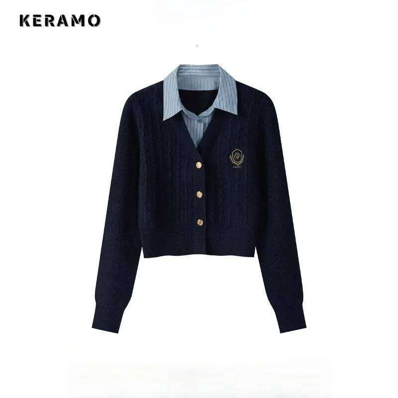 Spring Autumn Preppy Style Badge Embroidery Knitted Cardigan Women Single Breasted Fake Two Pieces Long Sleeve Sweater Coat ZHE HAN