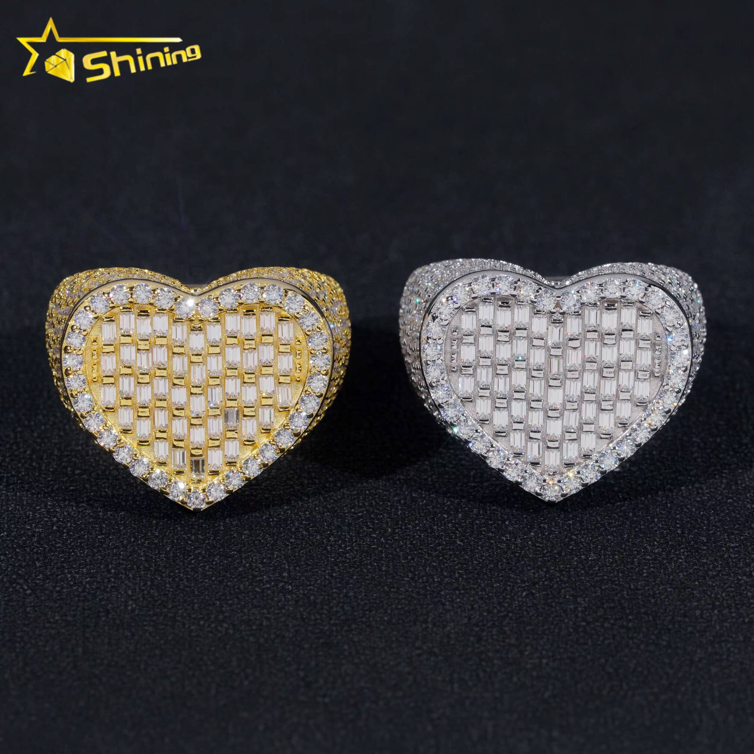 Hip Hop Jewelry Luxury Baguette Diamond Heart Iced Out Moissanite 925 Sterling Silver Ring for Men