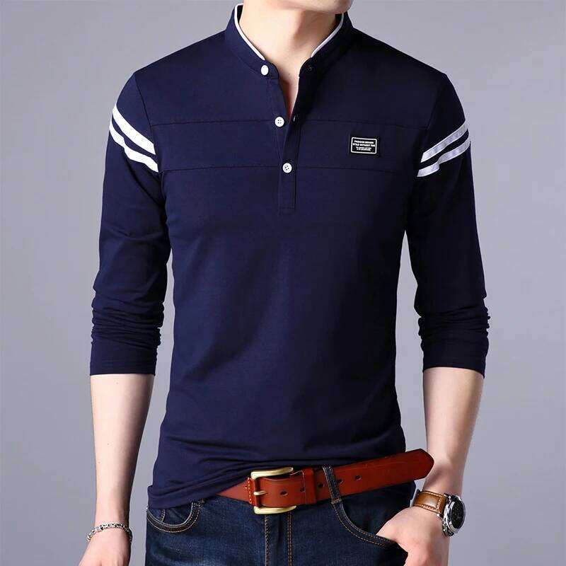 Men's Fashion Summer Sleeved POLO T-Shirt Casual Cotton Breathable Top Stand Up Neck Long Sleeve Korean Comfortable Shirt