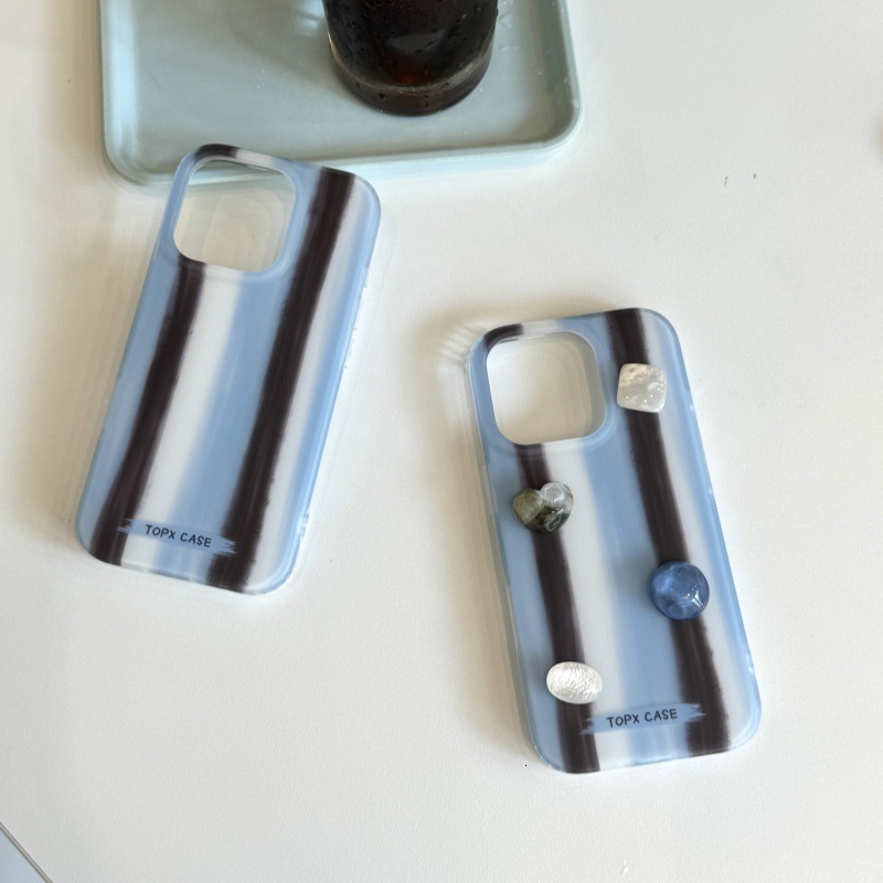 Color-Block Blue and Brown Striped 16 Phone Case Compatible with Apple 15 Max 3D 14 Pro Double Layer
