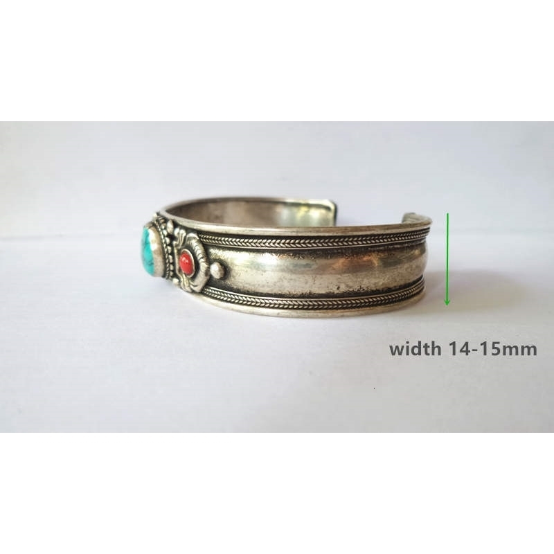 BB-456 Tibetan Bangles White Metal Copper Inlaid Simulated Turquoise Open Cuff Bangle Nepal vintage Jewelry 251219