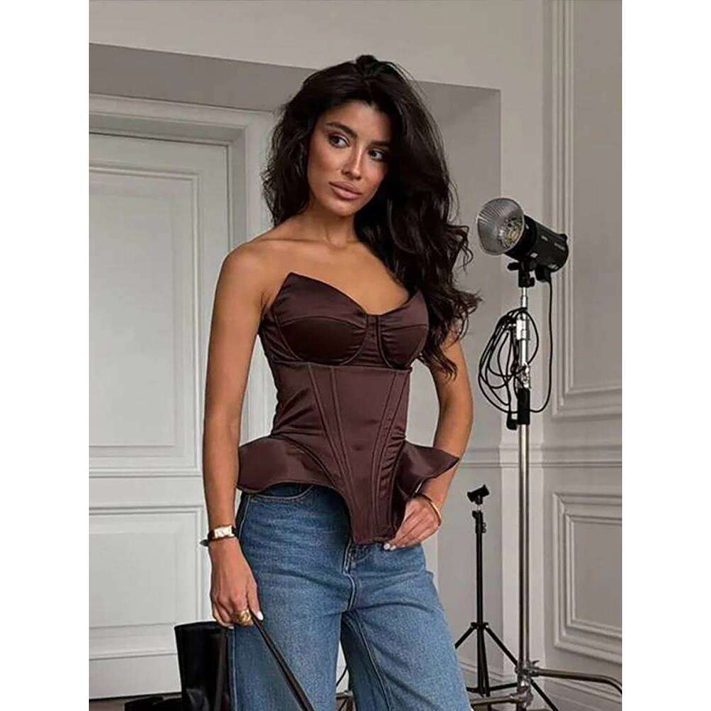 Sexy Fishbone Strapless Short Top Women Chic Sleeveless Backless Off-shoulder Waist Cinching Blouse Lady New Vacation Party Tops