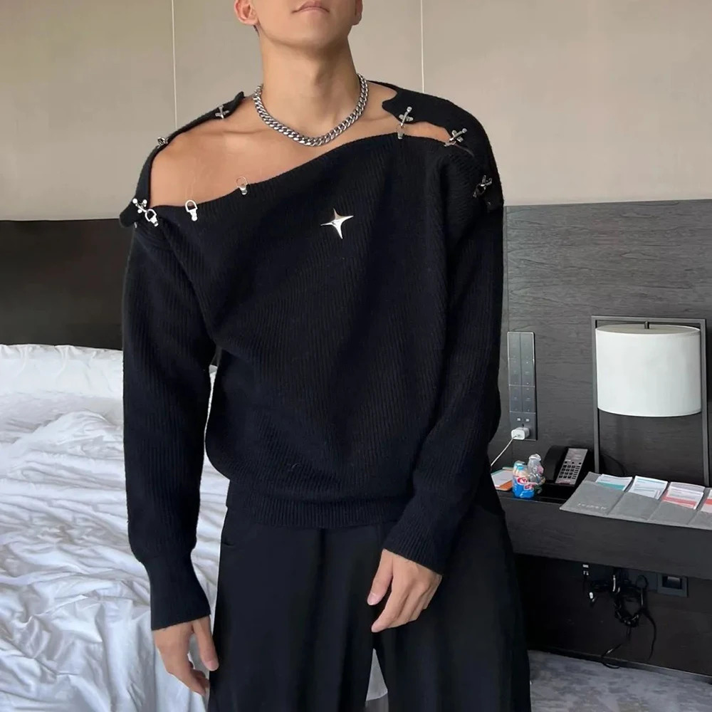 Mens Autumn Winter Metal Shoulder Buckle Y2k Off-Shoulder Knitted Sweater Essential Hollow Lazy Style Loose Sweater For Men 251226