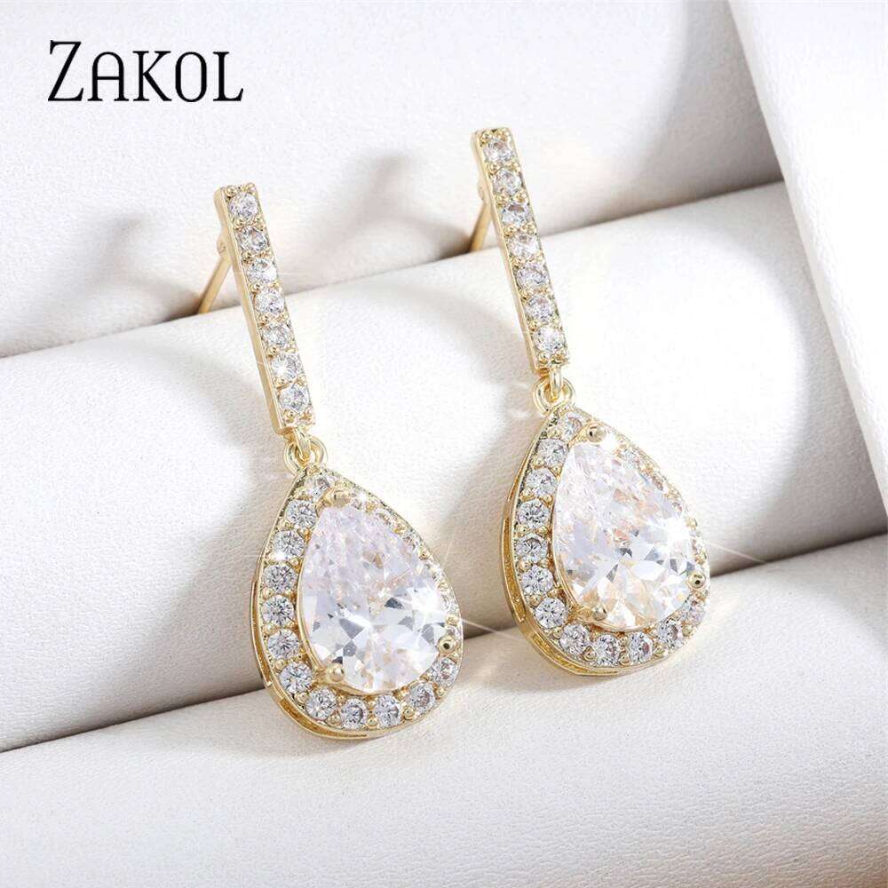 ZAKOL Brand Classic AAA Pear Cubic Zircon Drop Earrings for Women White Crystal Wedding Jewelry Wholesale