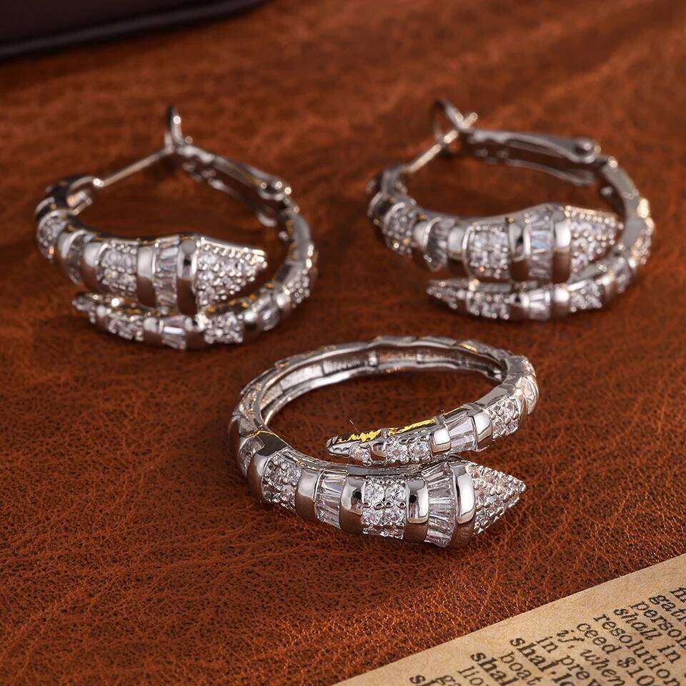 ZAKOL Trendy Snake Bone Shape Open Rings For Women Gold Silver Color Crystal Copper Ring Earrings Women's Daily Wear Jewelry Set