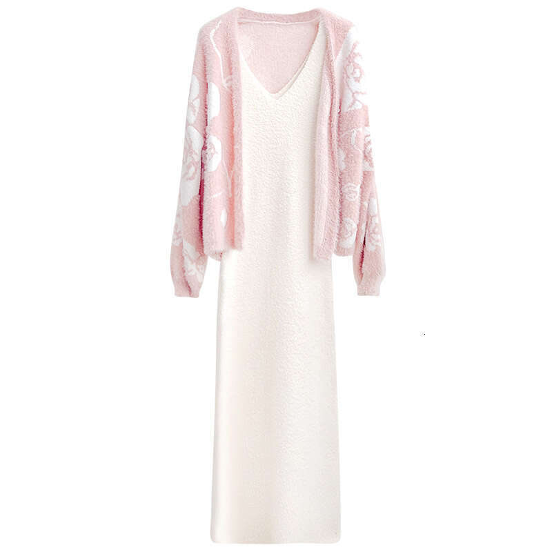 Elegant Rose Imitation Mink Velvet Socialite Lady Camisole Nightdress Robe Soft Sleepwear Women Autumn Winter Two-Piece Set