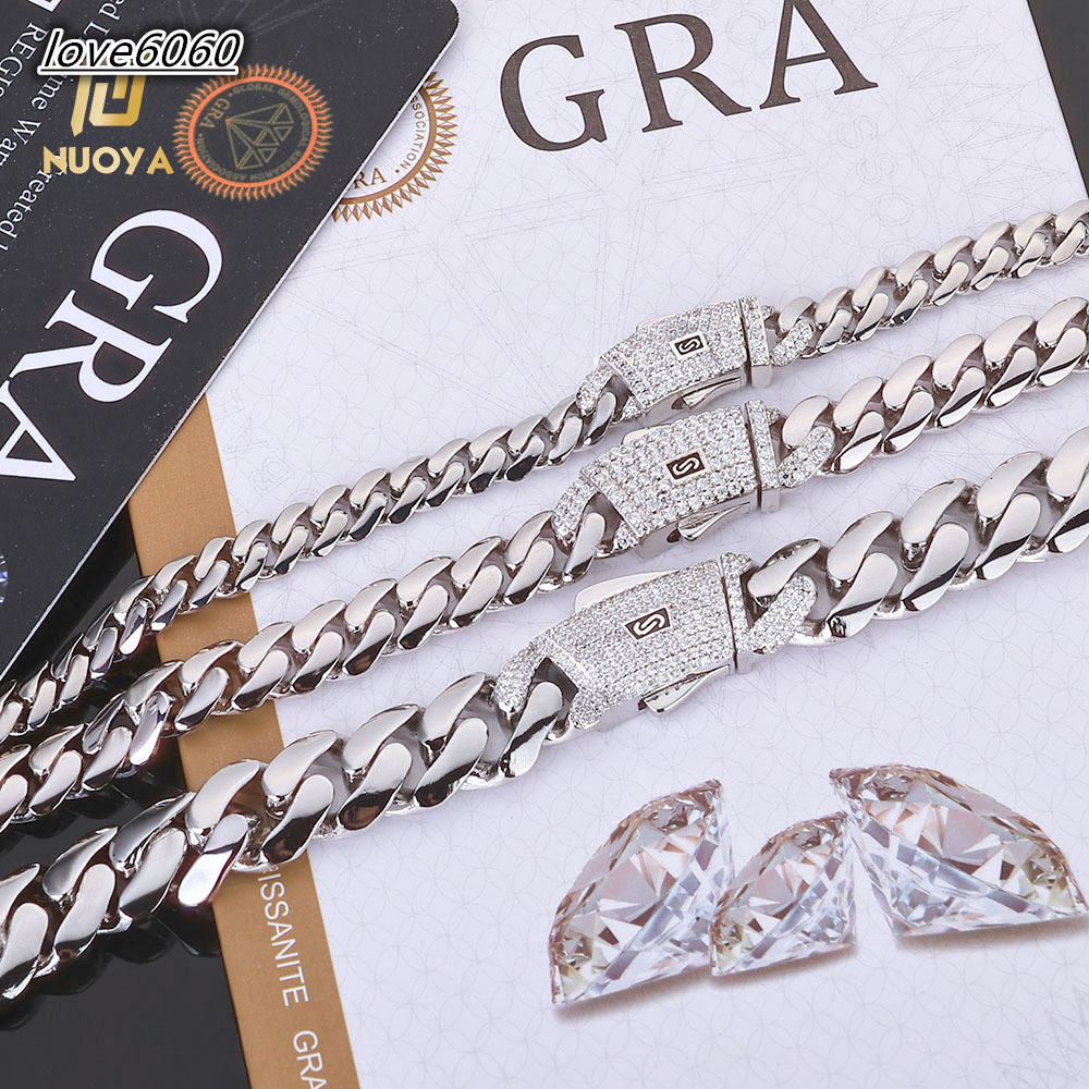 NUOYA High Quality 925 Sterling Silver Cuban Link Chain Iced Out Moissanite Diamond Clasp Smooth Chain Necklace Gift for Women