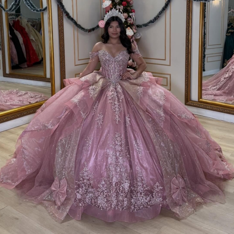 Pink Shiny Quinceanera Dresses Ball Gown Off The Shoulder Applique Lace Beading Crystal Corset Party Birthday Sweet 16 Dres Vestidos 15 Anos