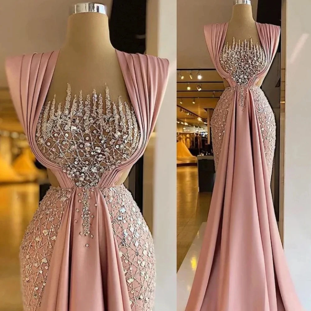 Princess Crystals Mermaid Prom Gowns Sleeveless Floor Length Evening Dresses Beaded Celebrity Party Customized