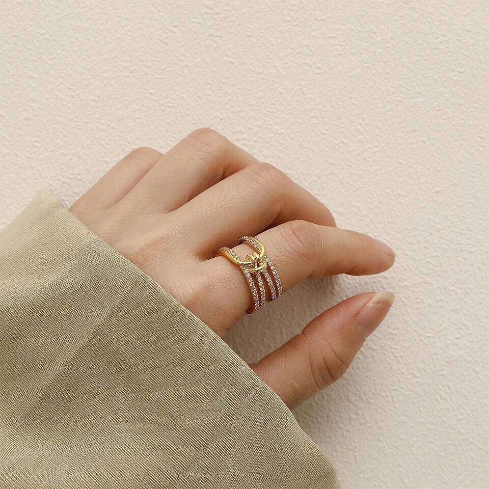 ZAKOL Fashion Double Layers Zircon Rings for Women Gold Color Plated Open Stainless Steel Ring Aesthetic Party Wedding Jewelry