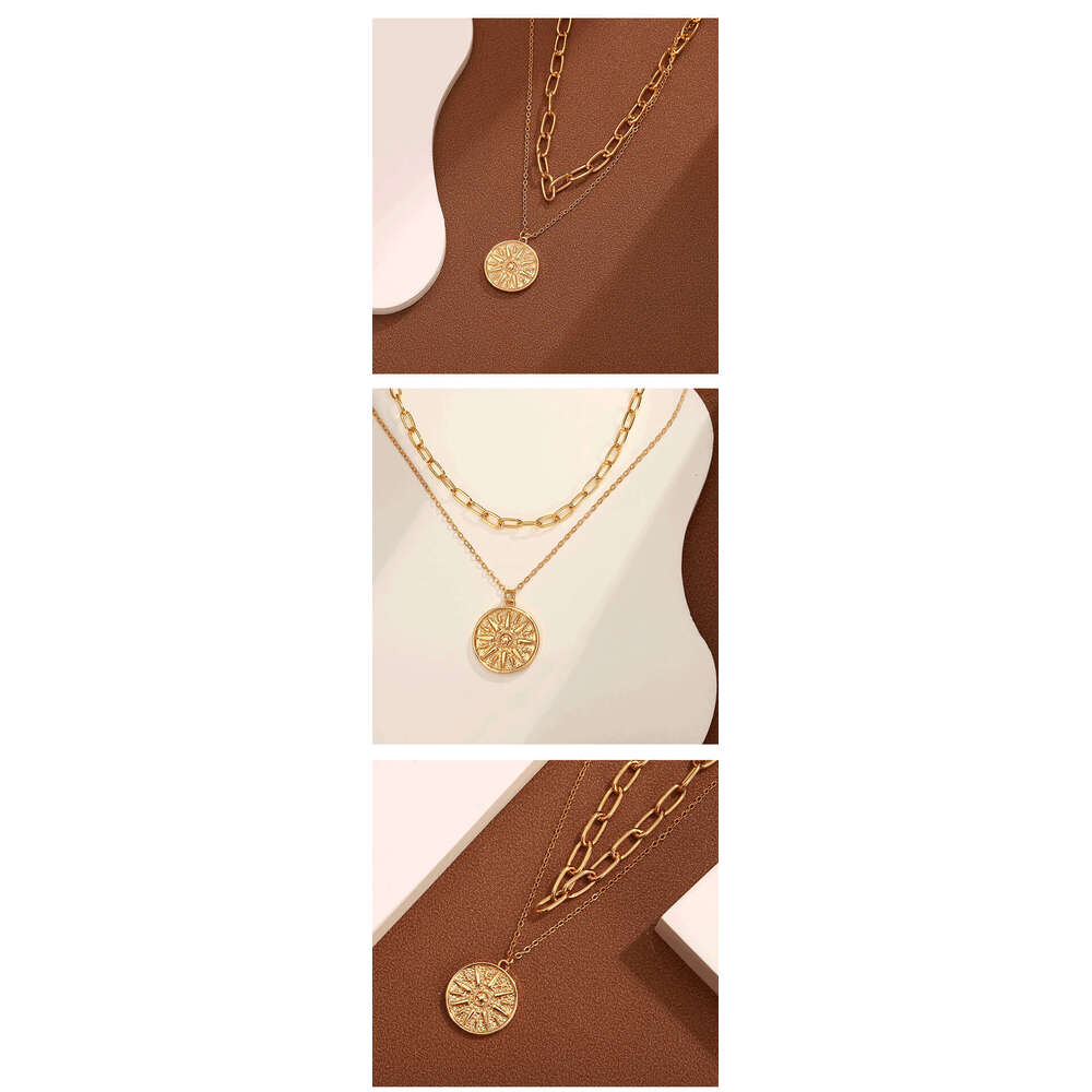 Fashion Retro Style Niche High-End Layered Necklace Sun Design Pendant Copper Gold-Plated Women's Jewelry