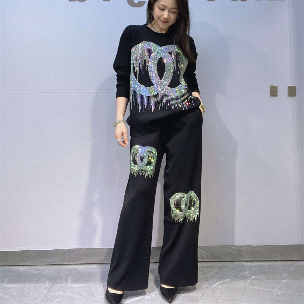European American Fashion Rhinestone Knitted Sweater Two-Piece Women's Spring And Autumn New Casual Wide-Leg Pants Plus Size Set
