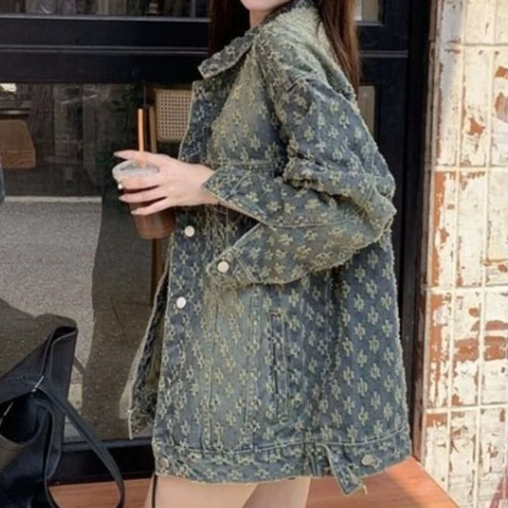 Women's Autumn Premium Jacquard Denim Jacket - Sweet & Designer Fashion 2026 Edgy Street Style, Vintage Relaxed Fit Biker Outerwear