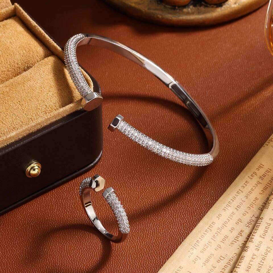 ZAKOL Shiny Micro Zircon Nail Head Adjustable Bracelet Ring Luxury Copper Metal 18K Gold Color Wedding Engagement Jewelry