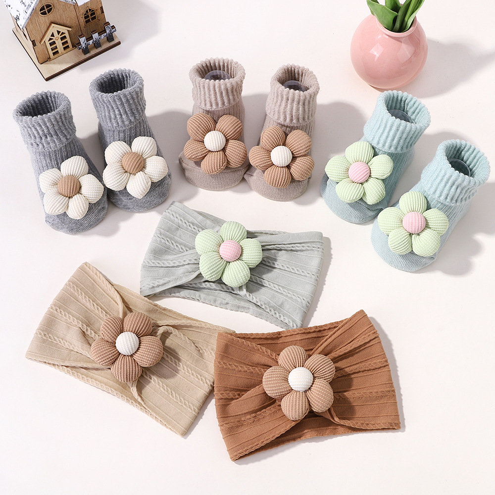2Pcs/set Baby Flower Headband Socks Set Soft Infant Hairband for Newborn BB Elastic Floral Turban Short Socks Infant Headwear C2025