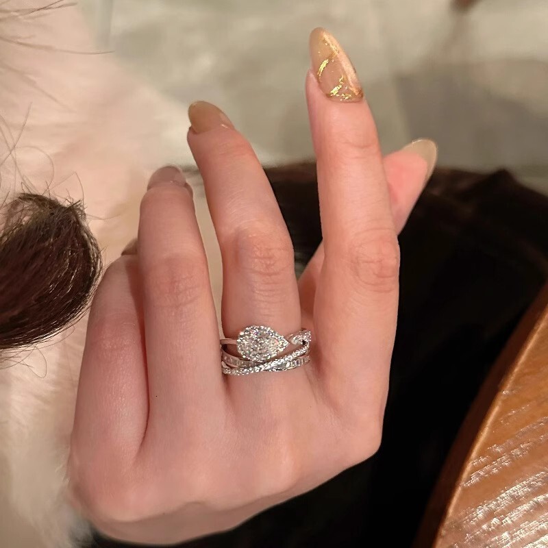 Luxury Brand Designer Jewelry French Style Light Luxury High-End Multi-Layer Water Drop Inlaid Diamond Ring Cross Wrapped Niche Design Exquisite Luxur - view 4