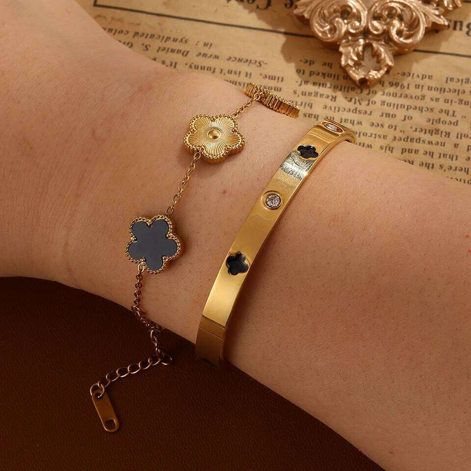 ZAKOL New 2pcs/1Pcs Black White Pink Shell Four-leaf Flower Stainless Steel Bracelet for Women Stylish Stackable Jewelry Gift 25H1229