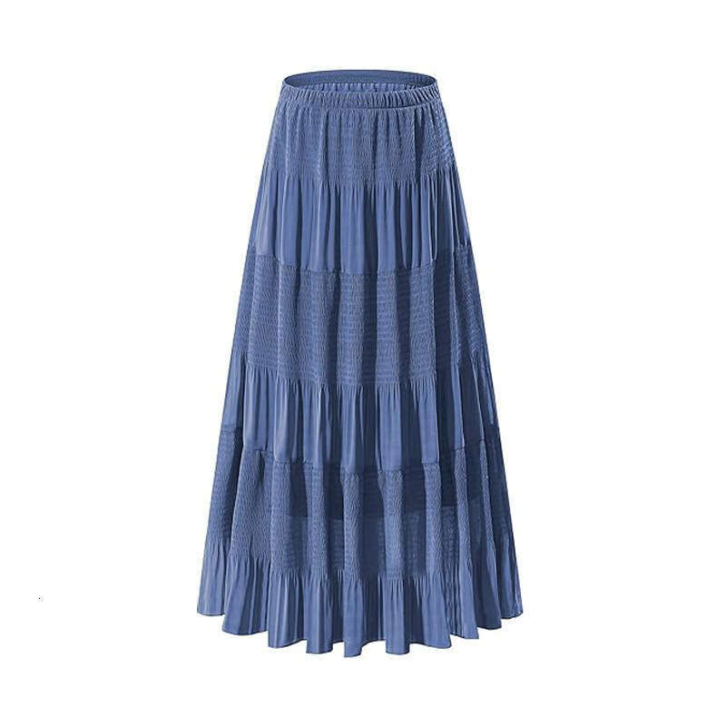 Women's Casual High-Waisted Elastic Waistband Ruched A-Line Flared Layered Long Half Skirt