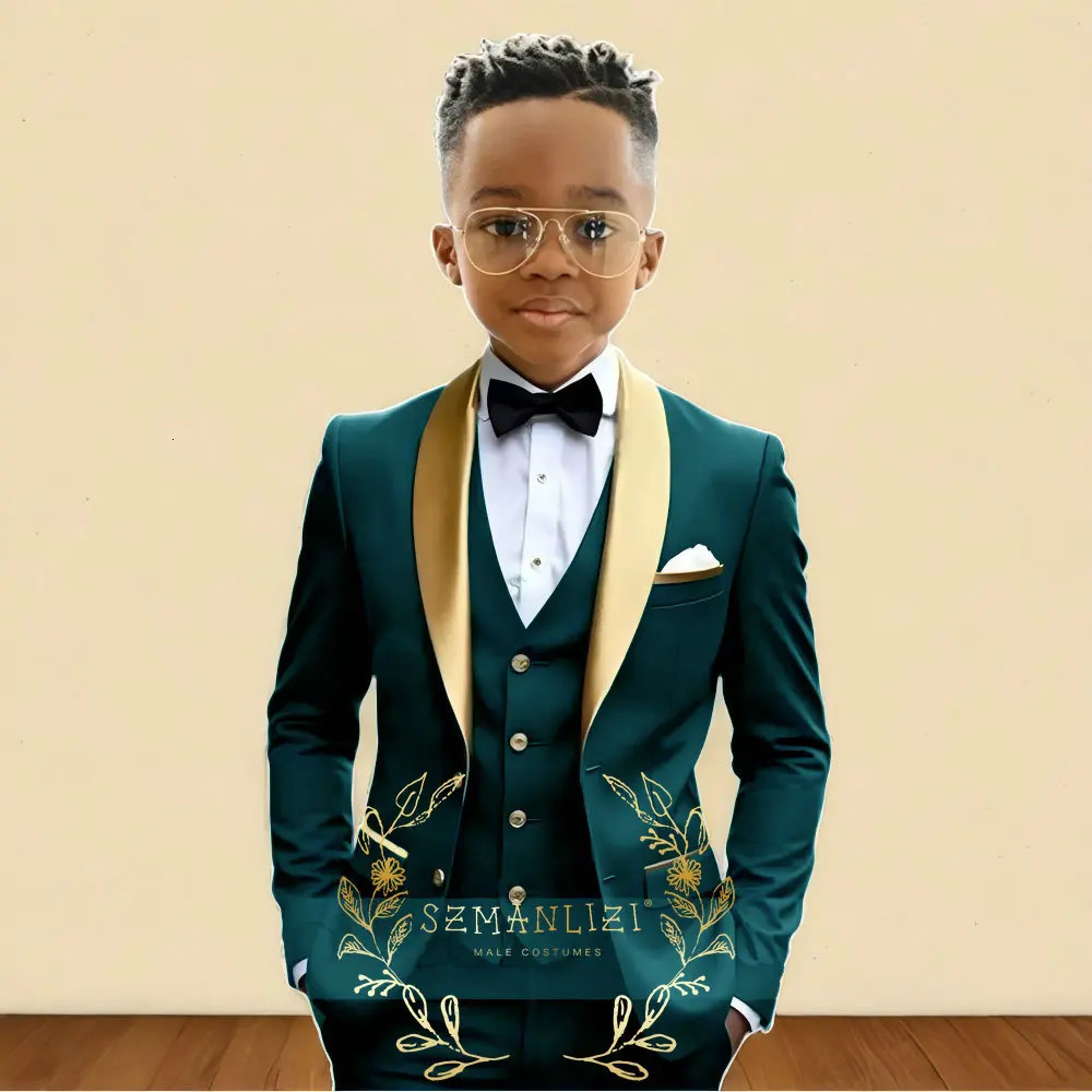 Oil Green Boys Suit 3 Pieces Wedding Tuxedo for Kids Jacket Pants Vest Gold Shawl Lapel Child 2-16 Years Old Customized Outfit 251229