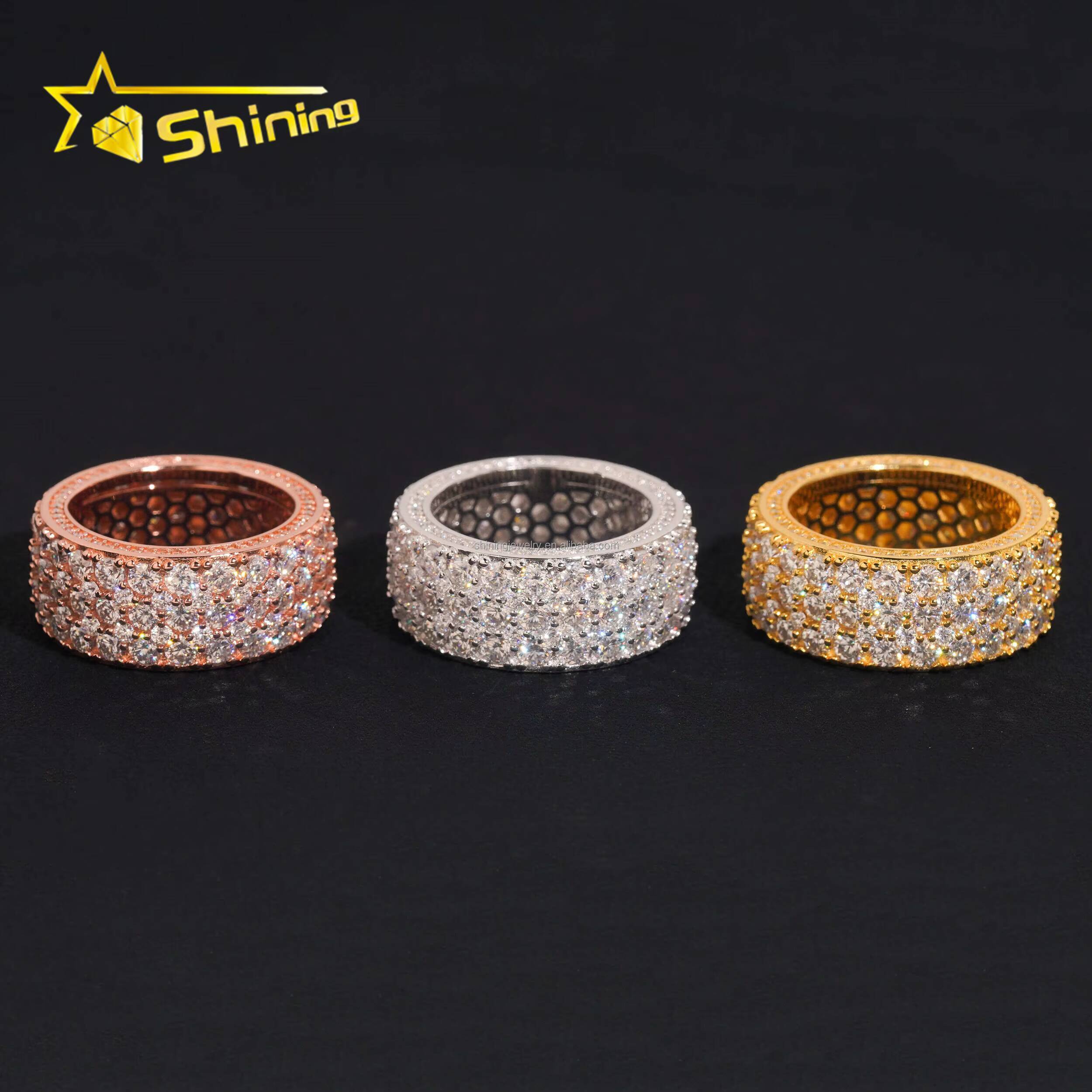 New Arrivals Bulk Stock 3Rows Stone Iced Out Jewelry Engagement Rings 925 Silver Jewelry Moissanite Diamond Eternity Band Ring
