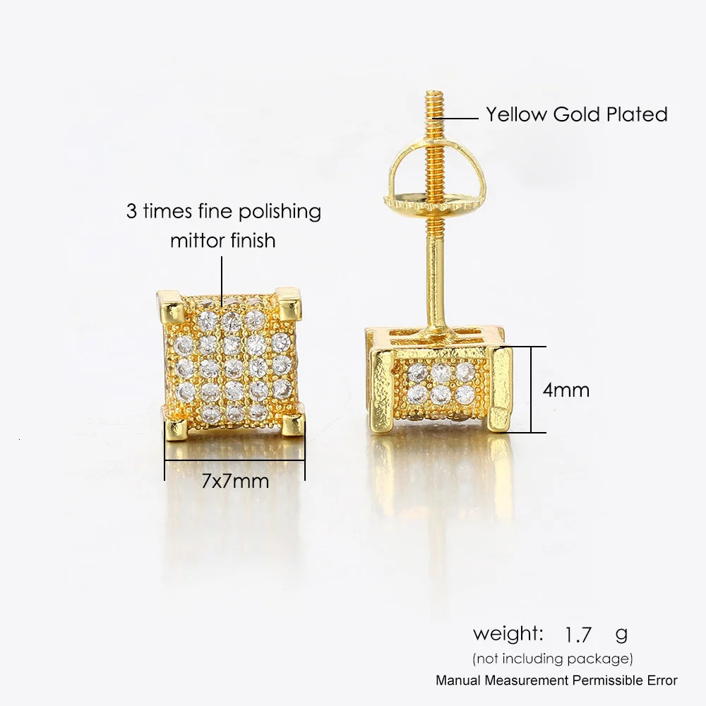 HipHop Male Small Screw Back Earring Full White Zircon Square Stud Earrings For Men Women Punk Gold Silver Color Party Jewelry 251224
