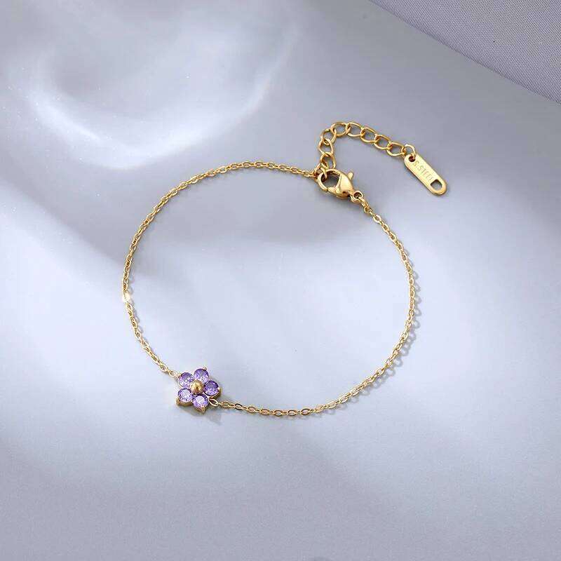 New Stainless Steel 16K Gold Plated Colorful Cubic Zirconia Flower for Women Girls Waterproof Dainty Bracelet Jewelry 25H1229
