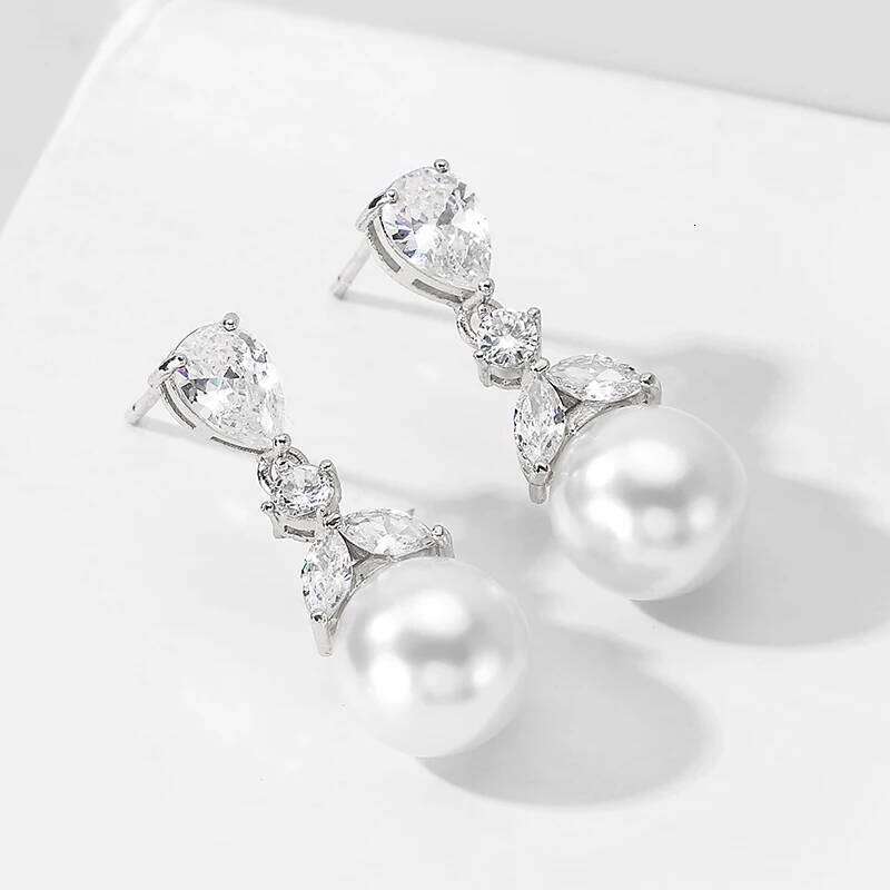 ZAKOL Elegant Imitation Pearl Water Drop Zirconia Earrings for Women Luxury Sliver Color Bridal Wedding Jewelry