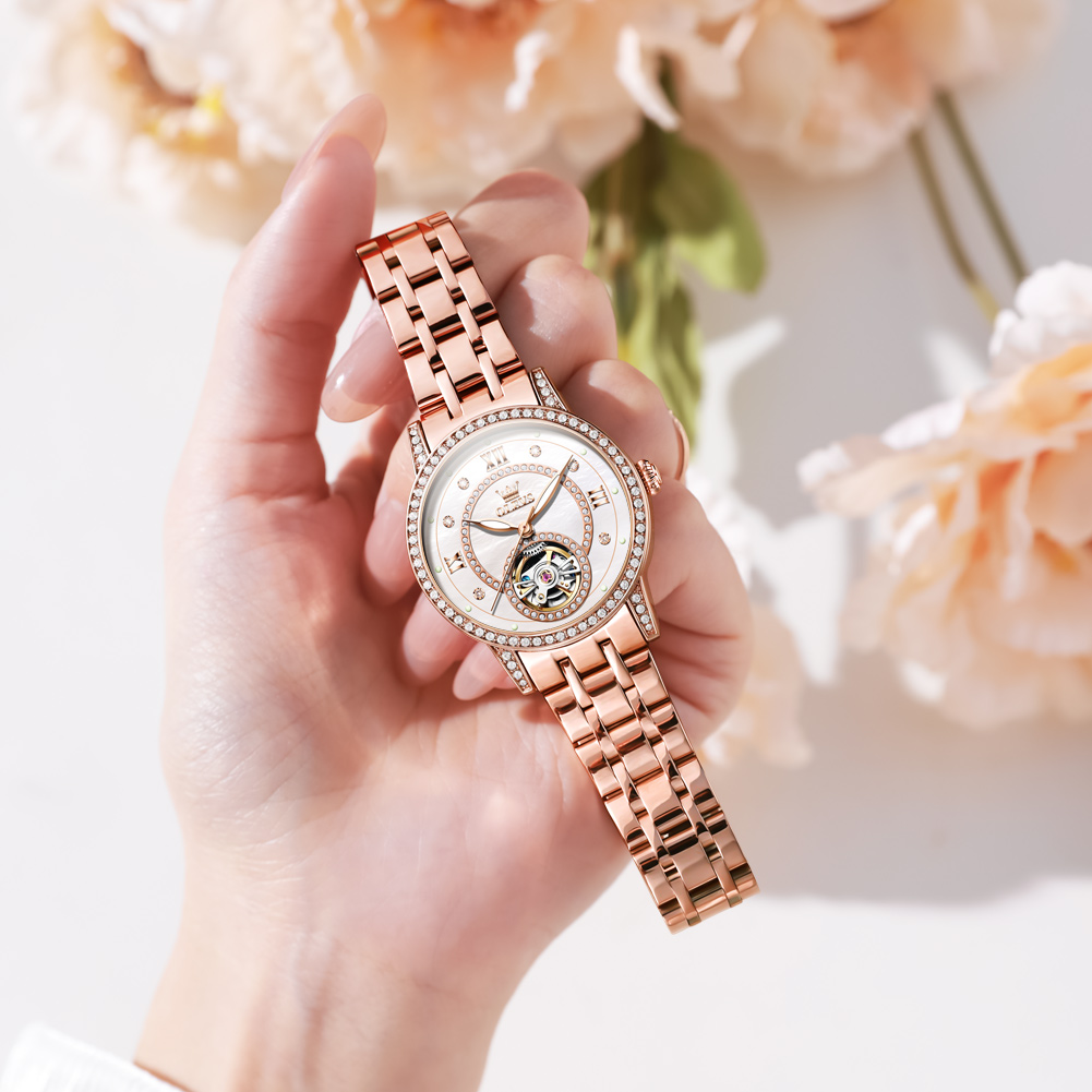 OLEVS High end new women's watch, niche personality, diamond inlaid fully automatic mechanical women's watch, waterproof hollow watch
